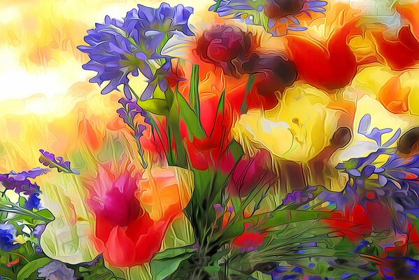 Abstract watercolor flowerbed with flowers