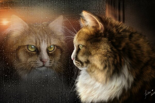 En la ventana mojada, el reflejo del gato