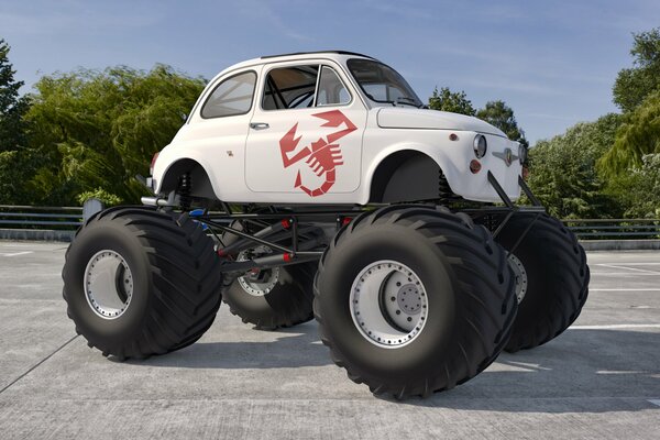 A car with big wheels on the road