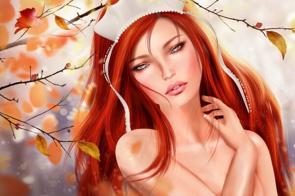 Red-haired autumn girl in a white headdress