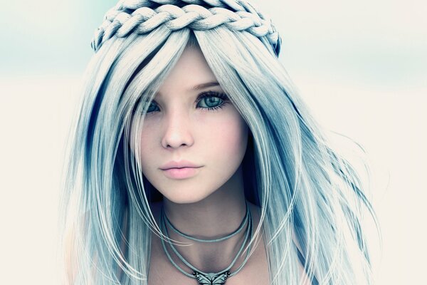 3d девушка с голубыми волосами с венком из косы на голове