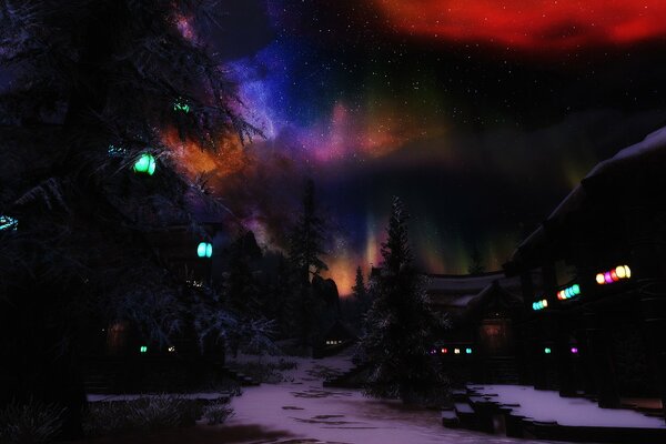 Northern lights over spruce forest and houses