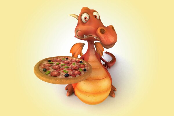Funny dragon with pizza in his paws