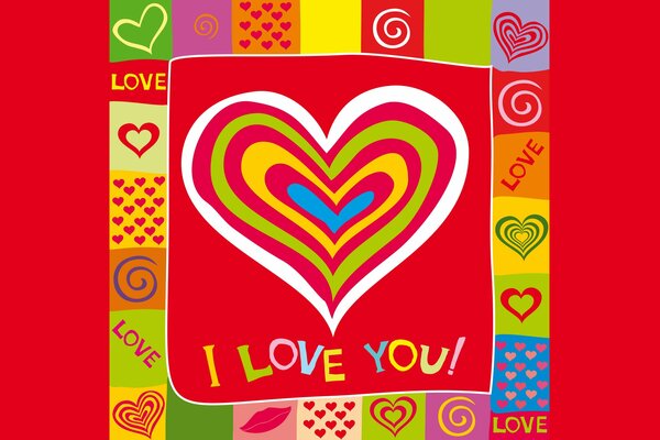 das Herz und die Aufschrift Ich liebe dich! im Rahmen auf rotem Hintergrund 
