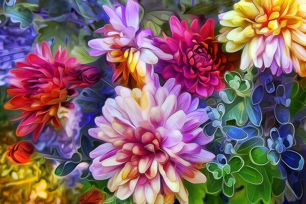 Colorful bright painting with aster flowers