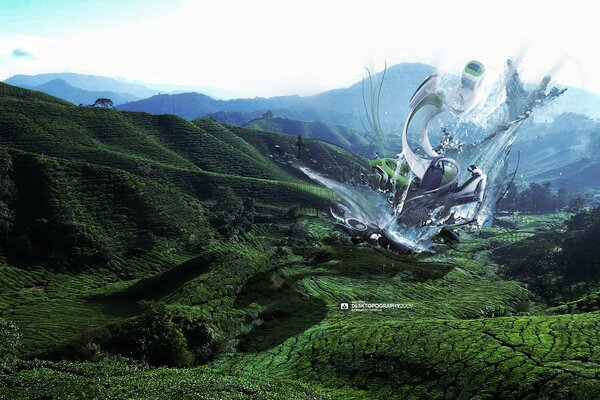 Explosión futurista en medio de montañas verdes