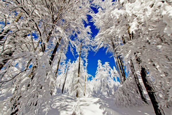 Schneeweißer Winter vor dem Hintergrund des blauen Himmels