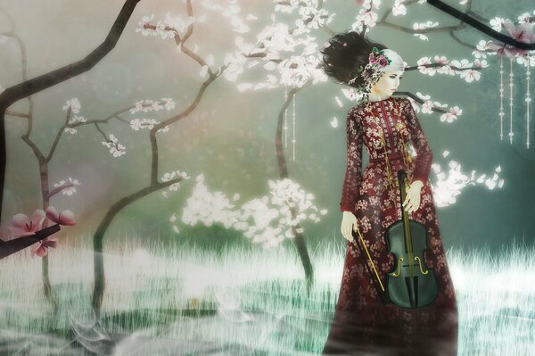 In the sakura garden, a girl with a violin