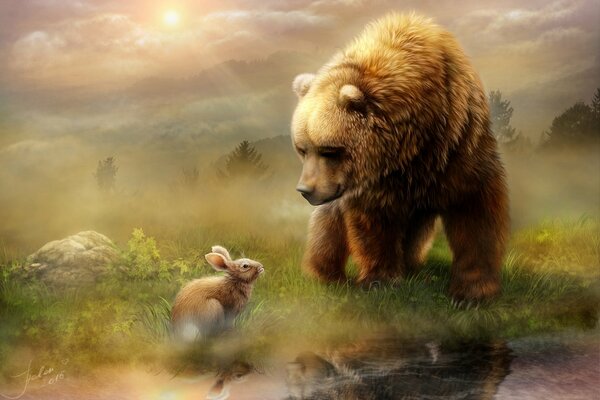 L ours et le lapin paisiblement assis matin, sur la pelouse