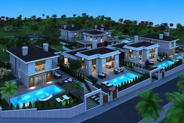 3D-Grafik eines Nachtvilla mit Pool