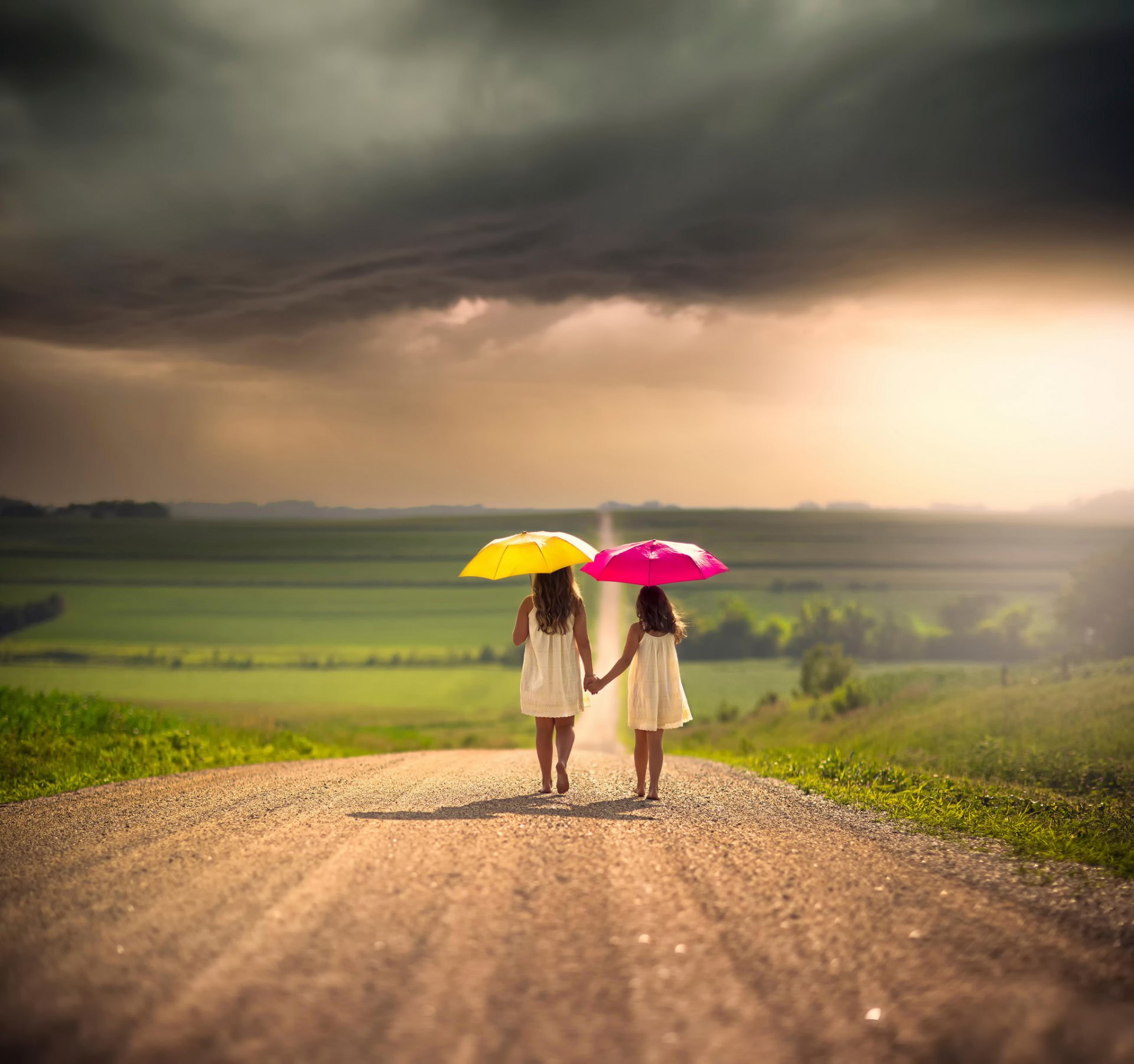 girls children umbrellas clouds road space bokeh