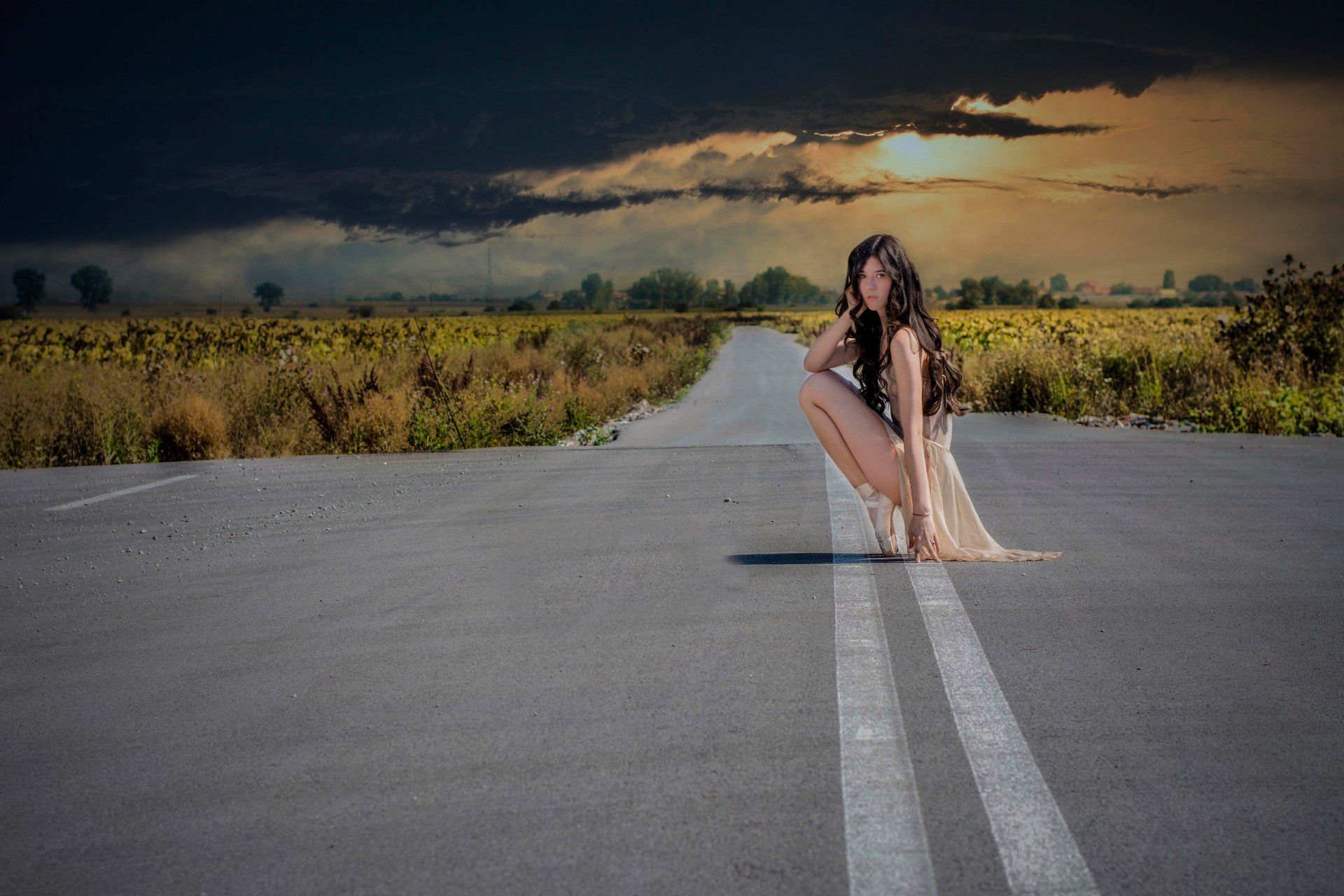 ballerine pointes route ciel fille nuages