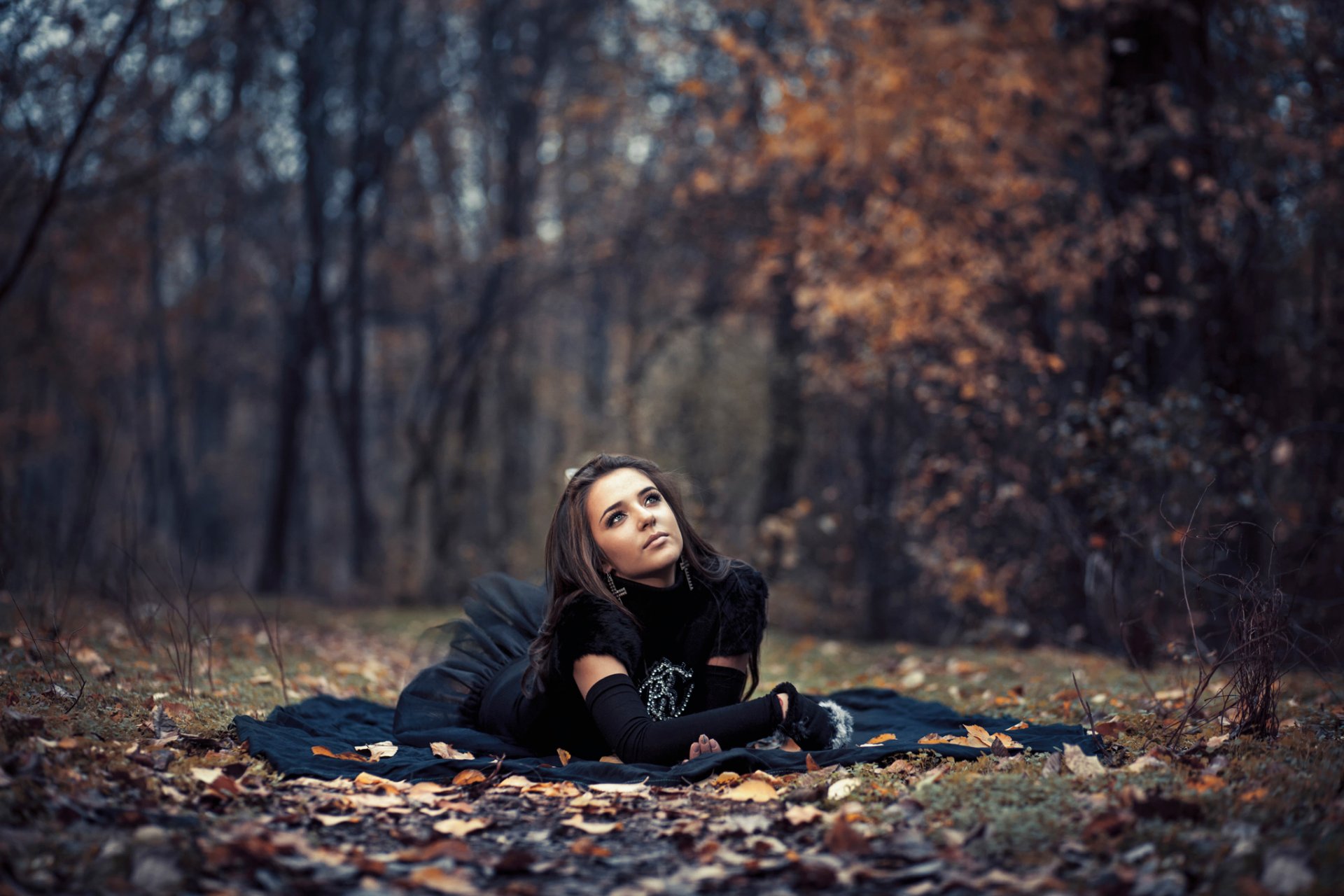 la forêt la jeune fille la robe automne feuilles boké