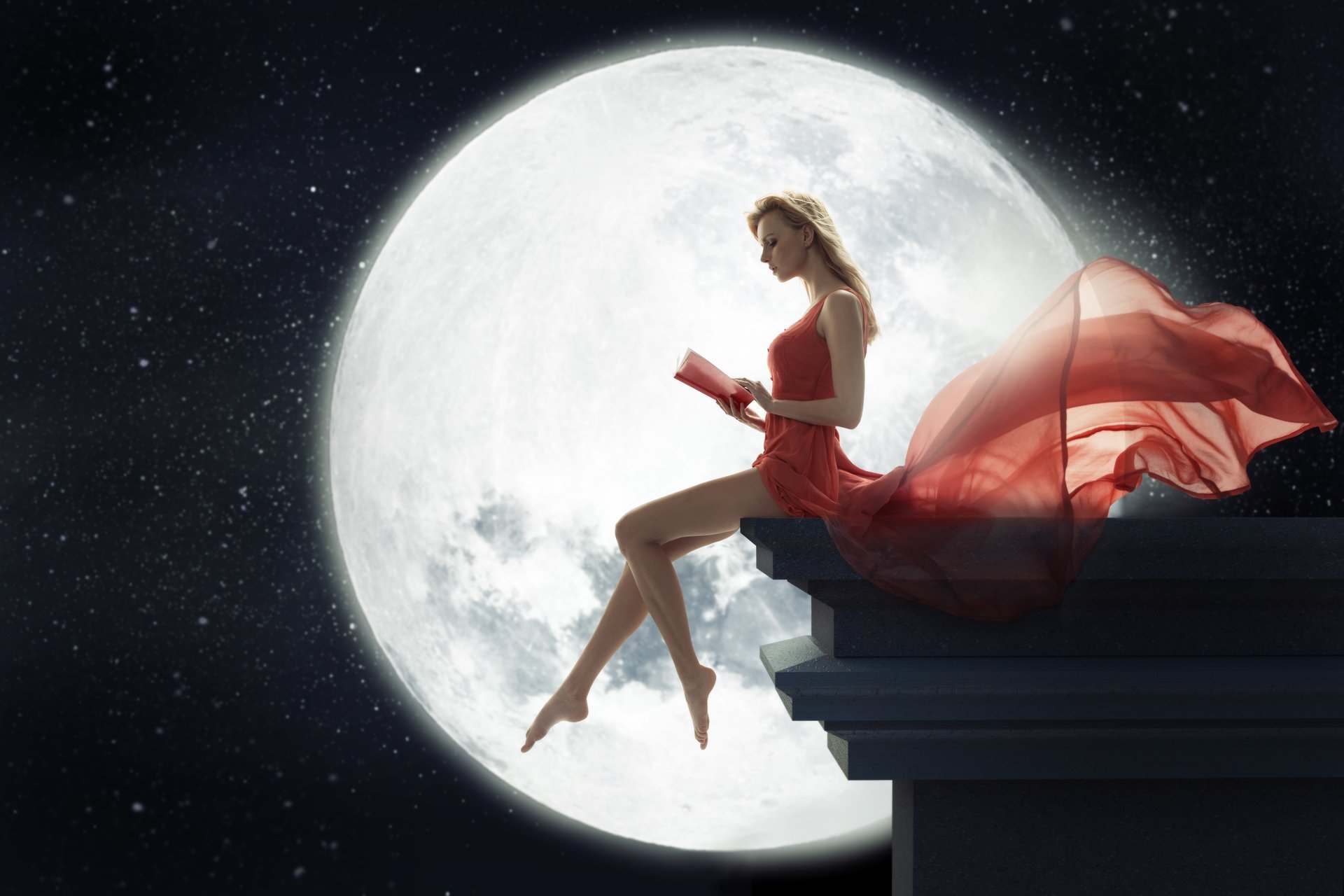 mädchen sitzen kleid beine buch liest blond mond nacht