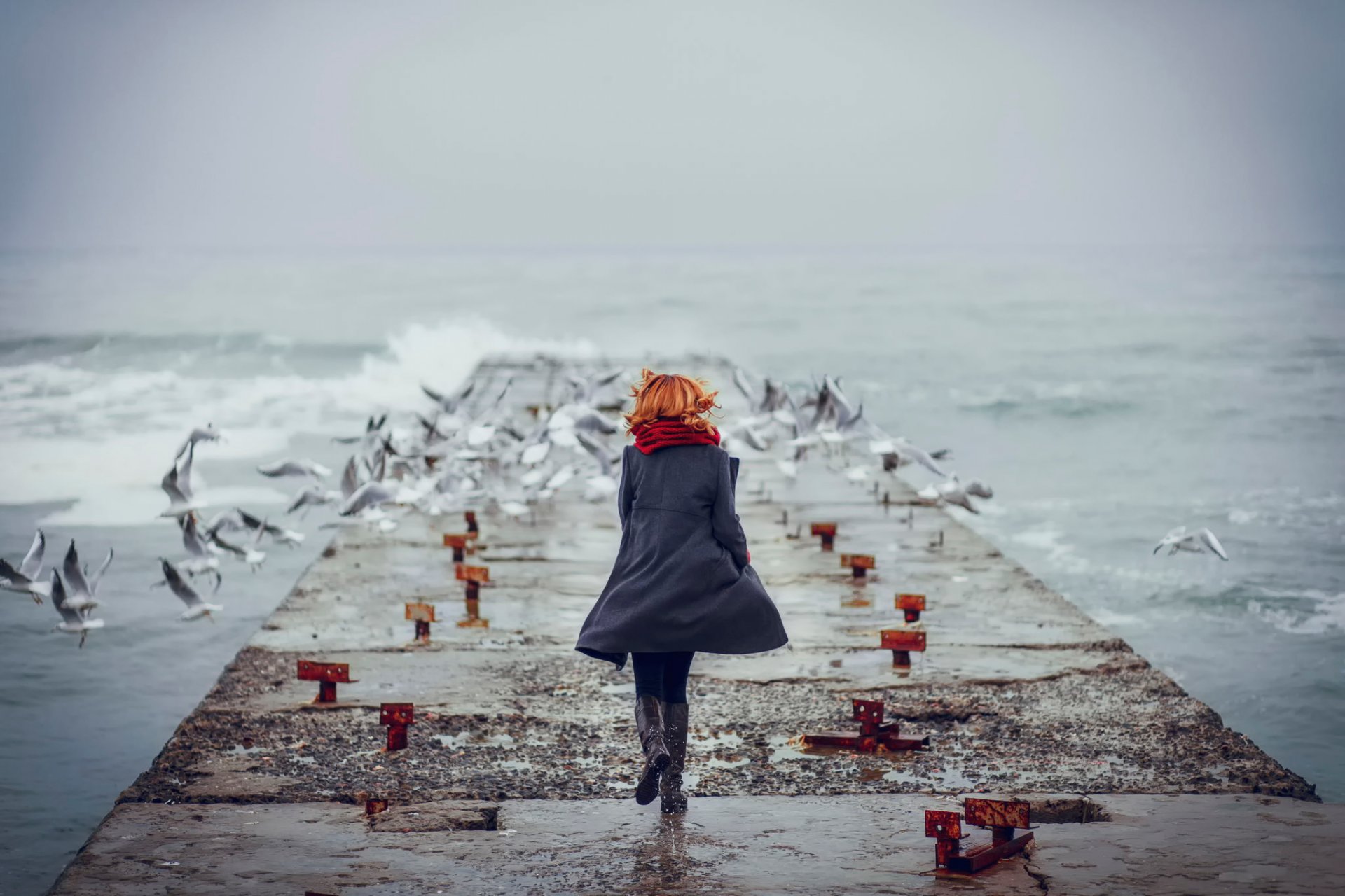 pier ocean girl red hair running gulls wave