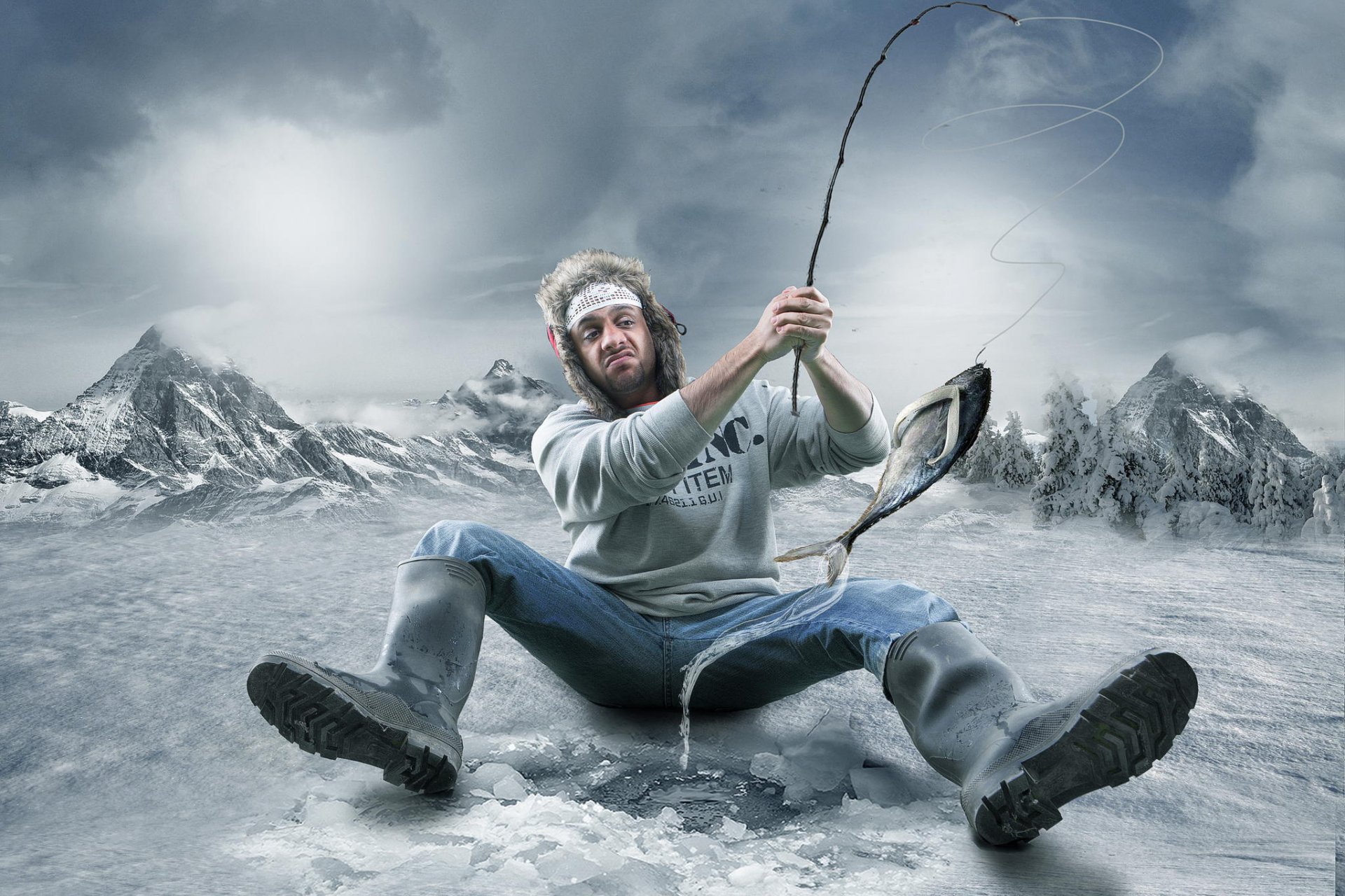 humor a man a fisherman winter biting sweep