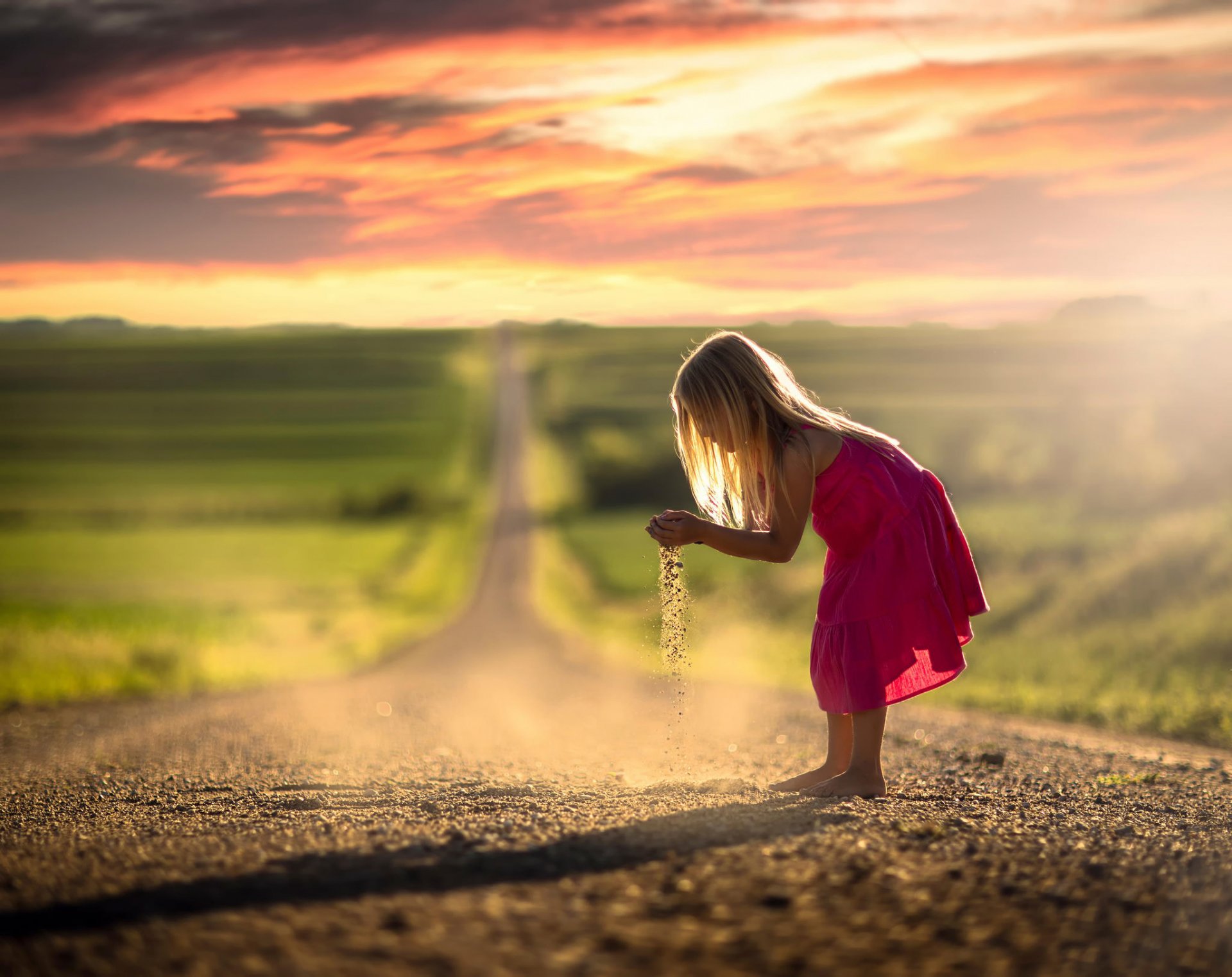 girl dress dust road space bokeh