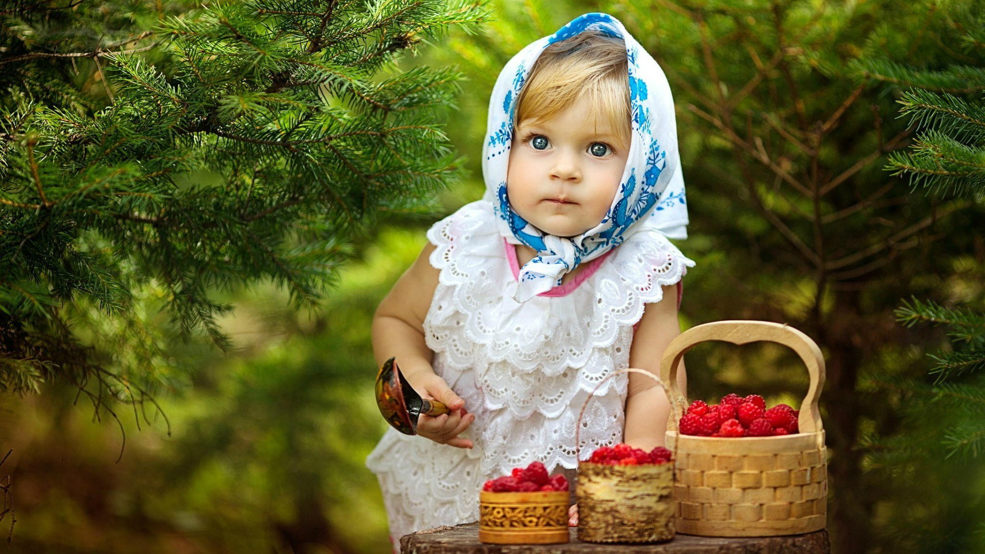 fille sapin forêt des baies des framboises des yeux un mouchoir une cuillère une fille un enfant des arbres des framboises