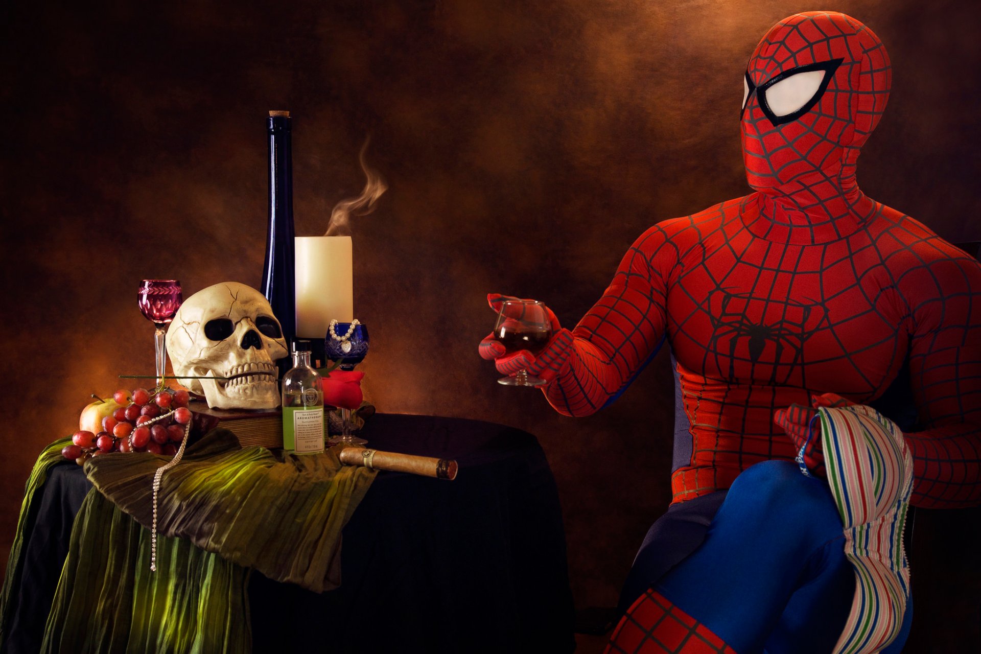 spiderman l alcool le cigare le crâne humour