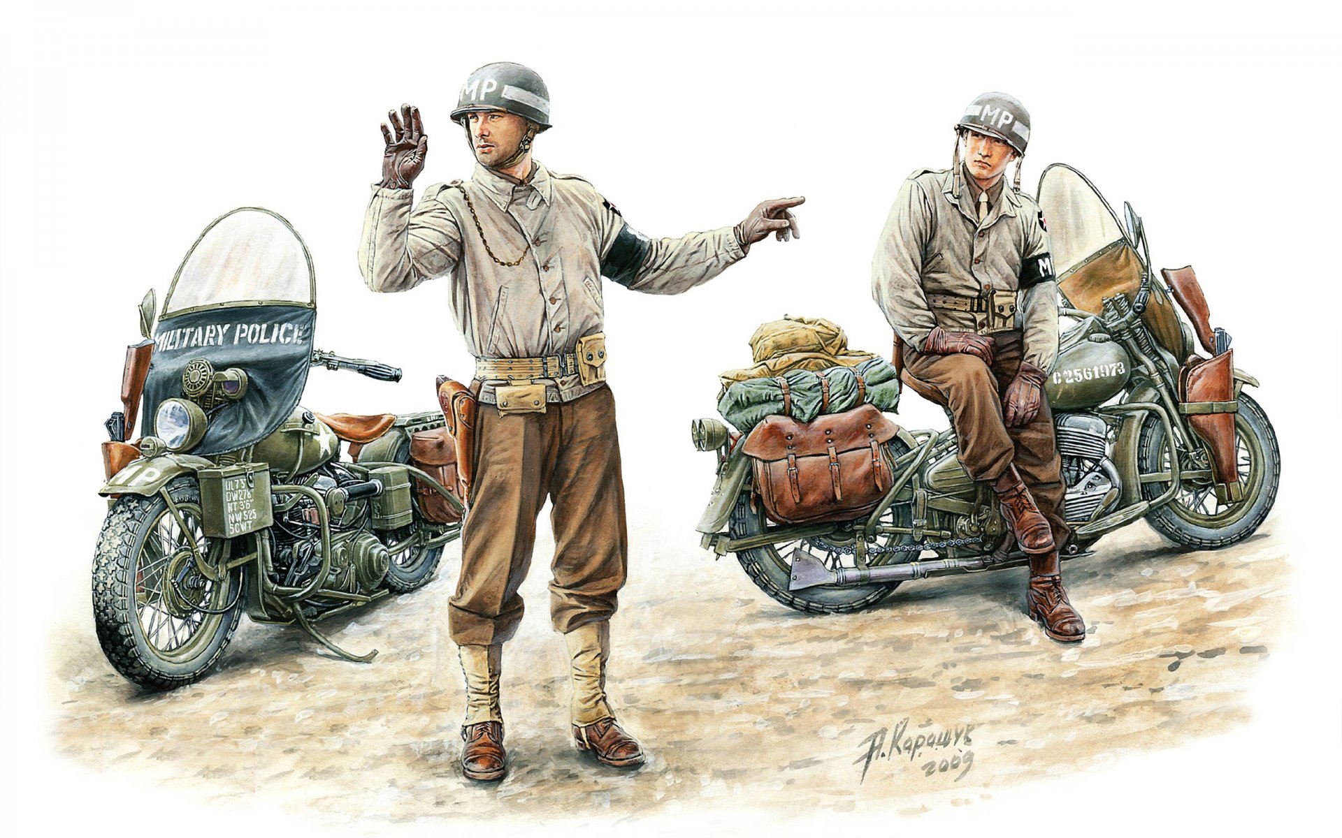 art soldiers usa military police american military police 2nd infantry division on motorcycles harley-davidson wla model 1942 usa artist A.karashchuk