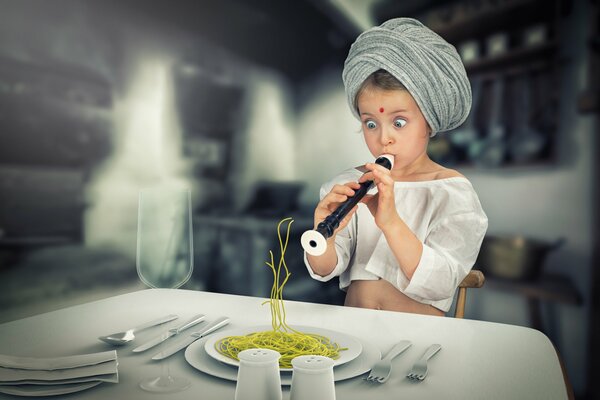 A pipe and a girl conjures pasta