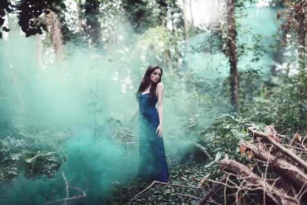 La jeune fille dans une magnifique robe perdue de l environnement de la fumée dans la forêt