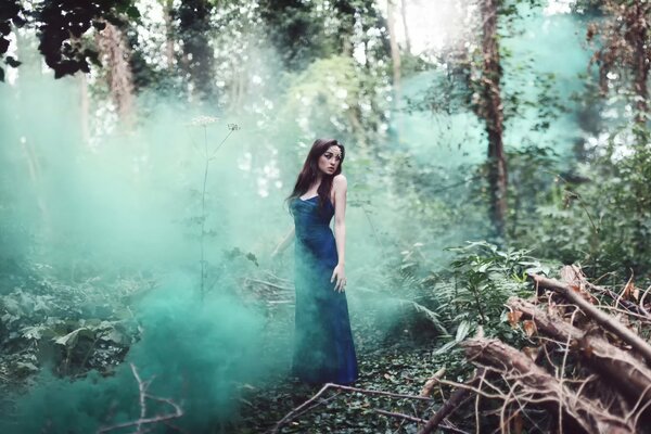 Девушка в роскошном платье потерялась среды дыма в лесу