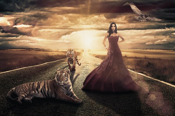 A girl stands on the road with tigers