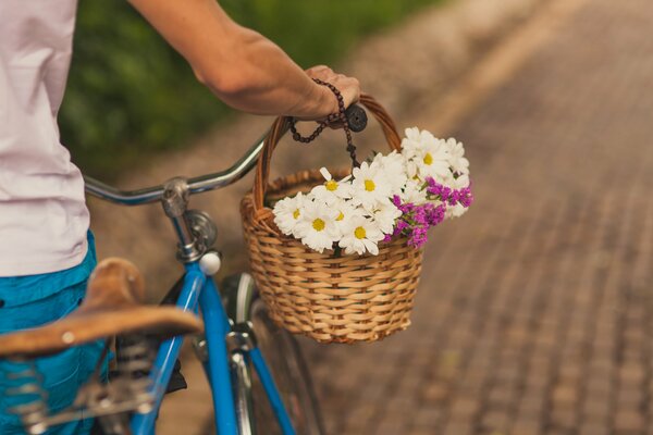 A basket with flowers on the handlebars of a bicycle