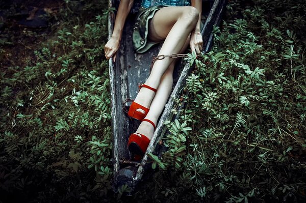 Women s legs in red heels and chains