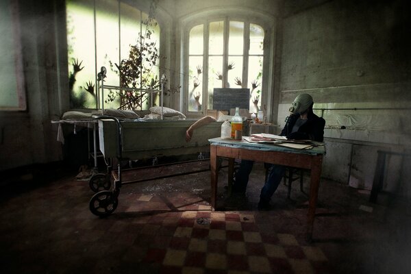 A man in a gas mask in an old hospital