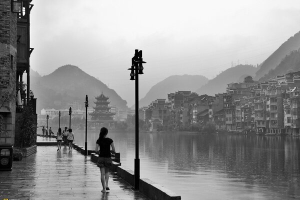 Die Promenade von China in Schwarz und Weiß