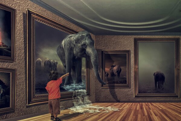 L éléphant est venu à la vie sur la peinture et descendit avec elle