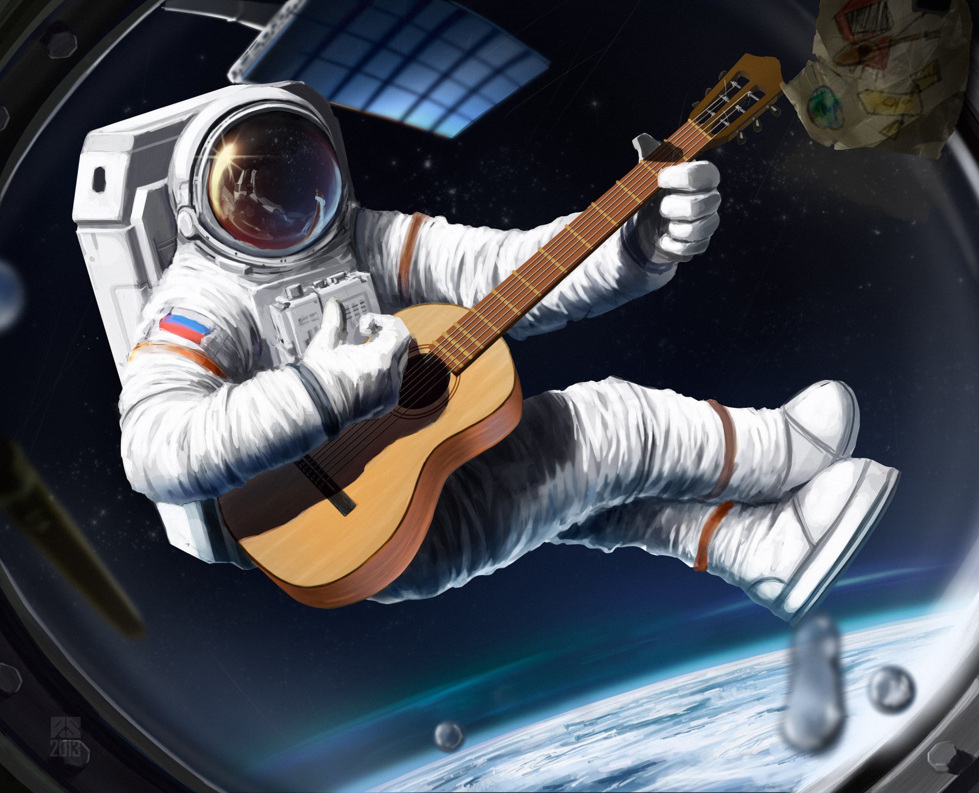 art space cosmonaut ship guitars window suit helmet