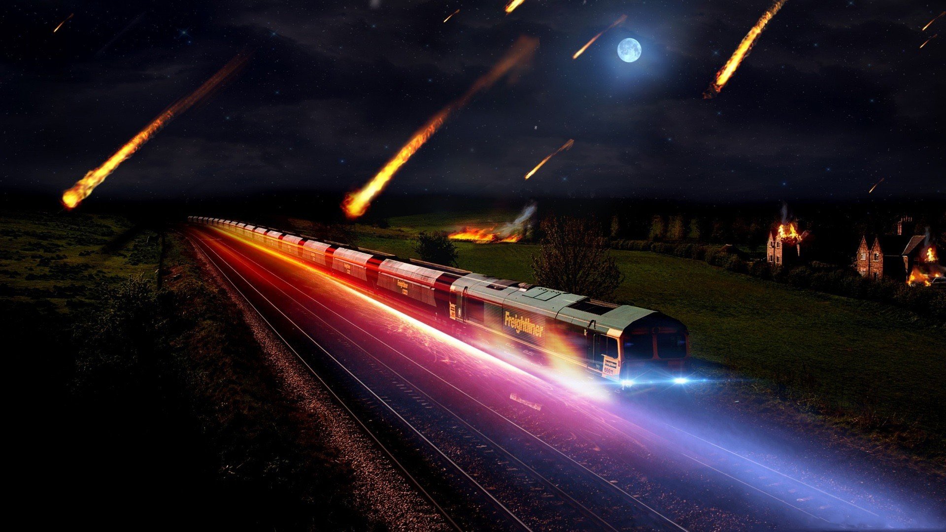 train météorite nuit lumières lueur