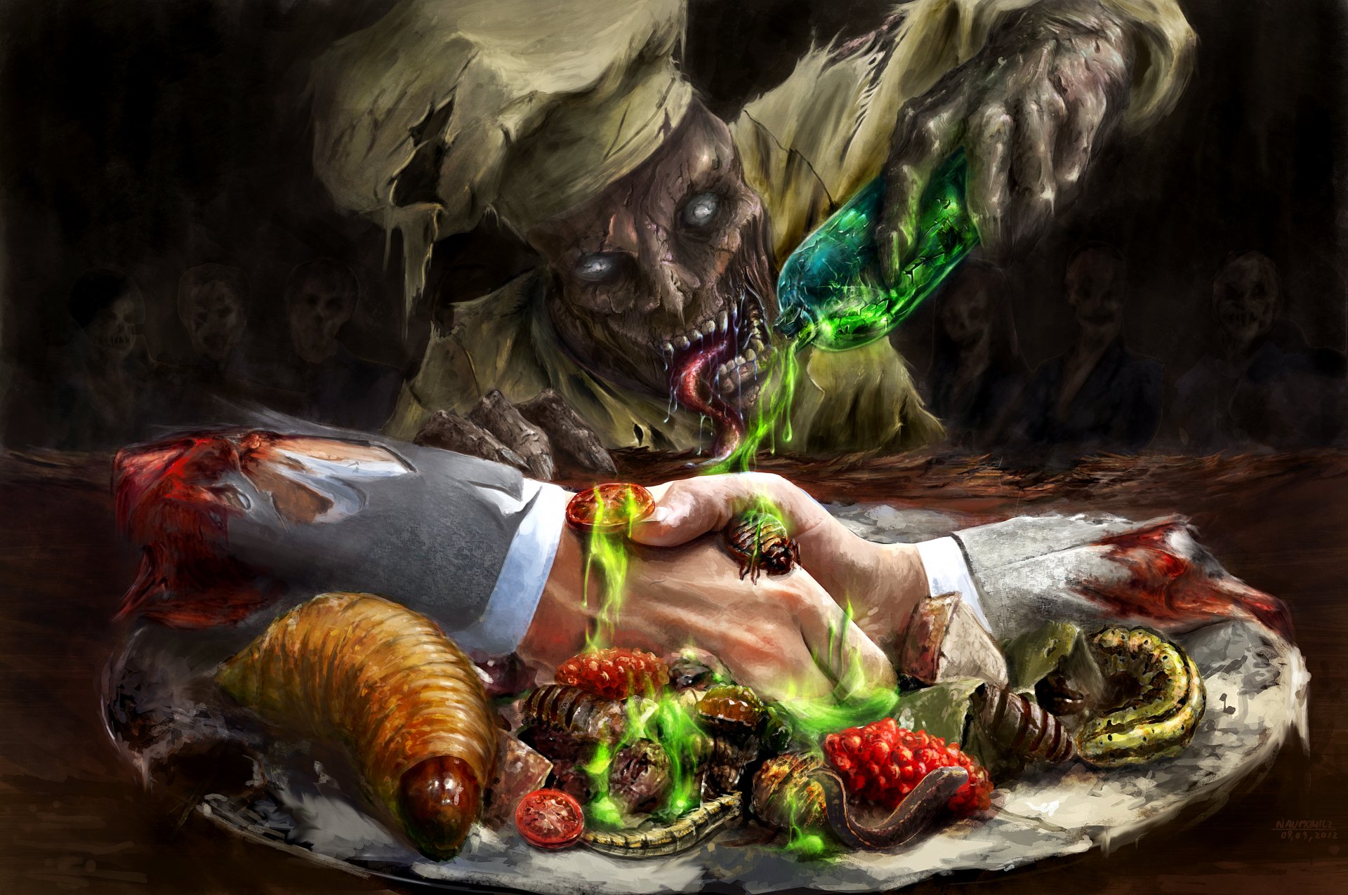 de l art de zombies cuisinier chef de cuisine un plat une poignée de main les mains le sang les larves les insectes les morts-vivants bouteille flacon l acide l attente