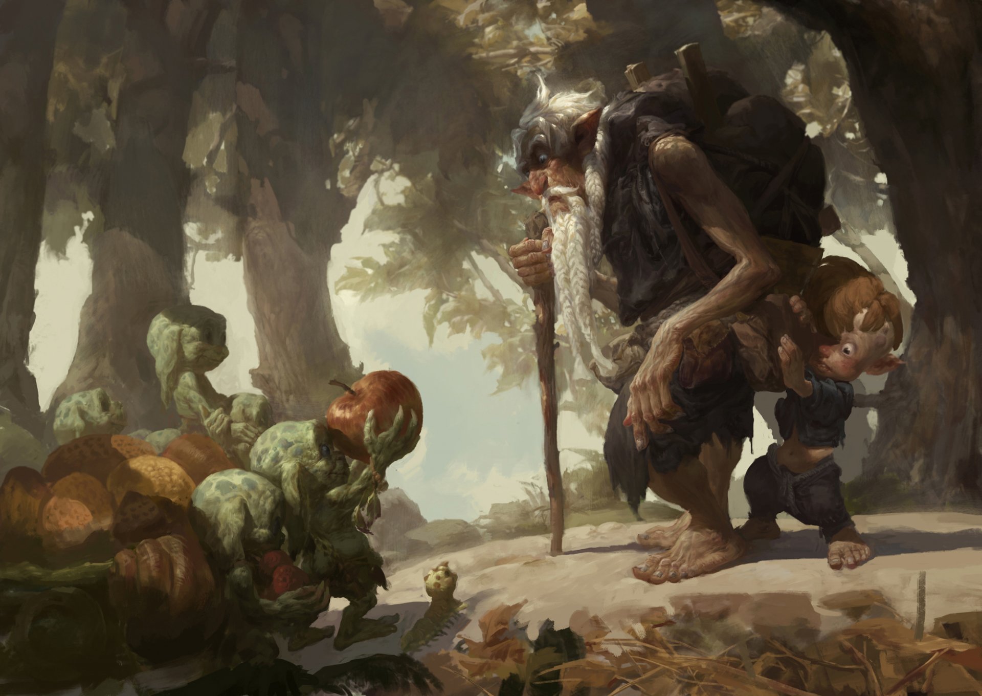 arte foresta goblin vecchio vecchio bambino ragazzo viaggiatore mela zaino bruco