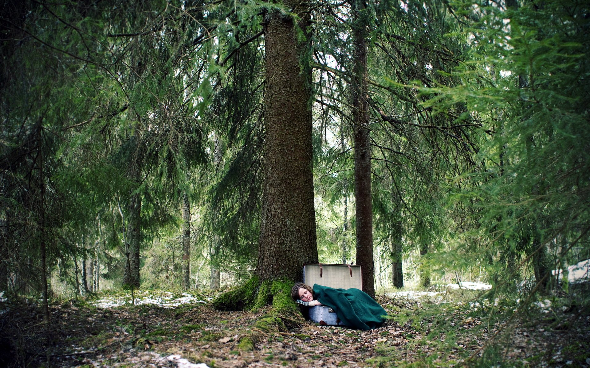 fille valise forêt situation