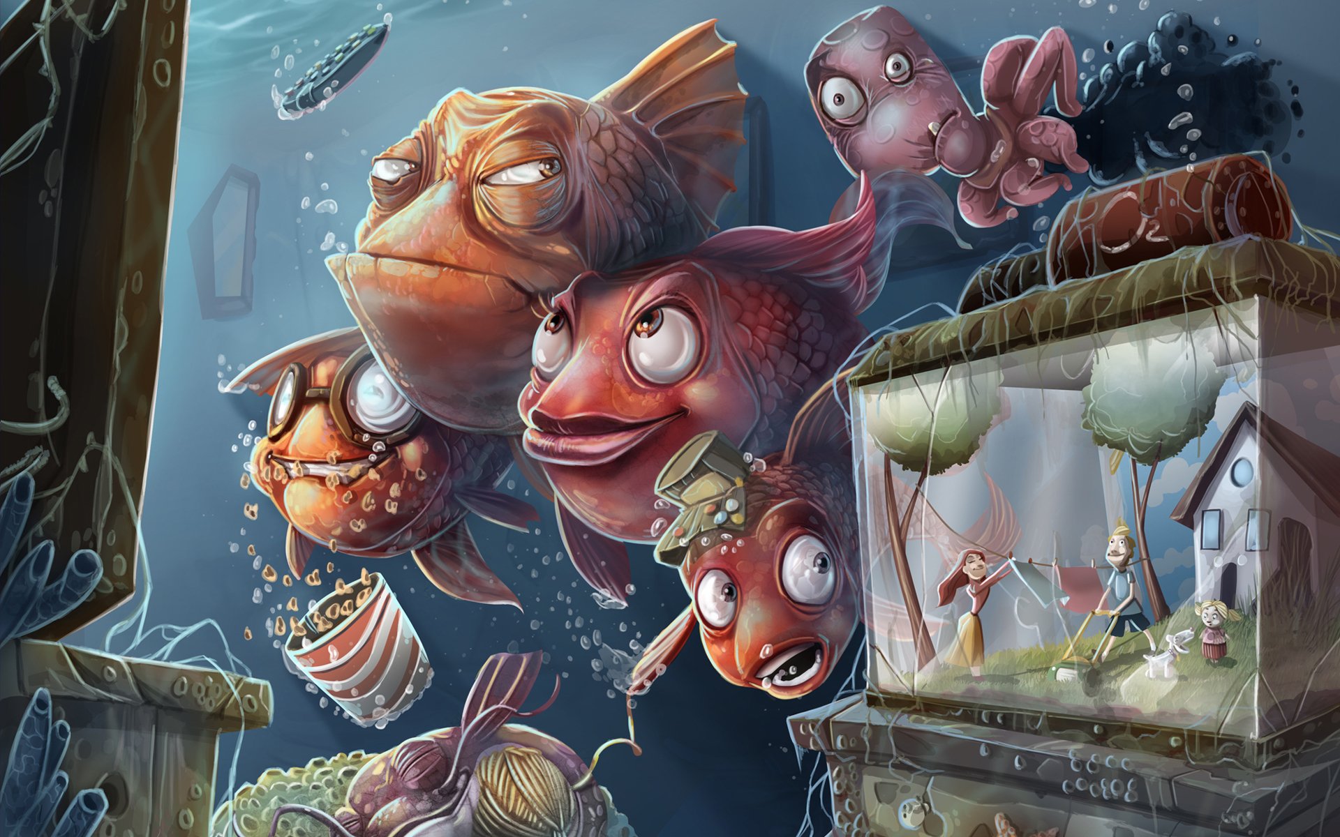 arte mundo submarino peces televisión familia acuario personas pulpo humor