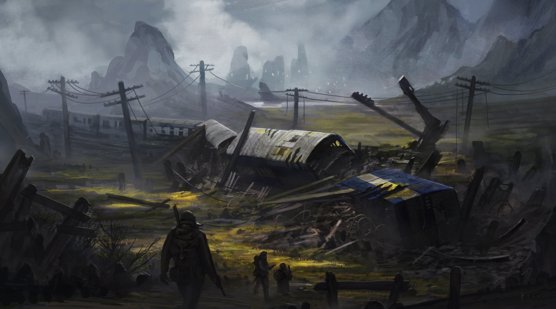 train war accident men wasteland