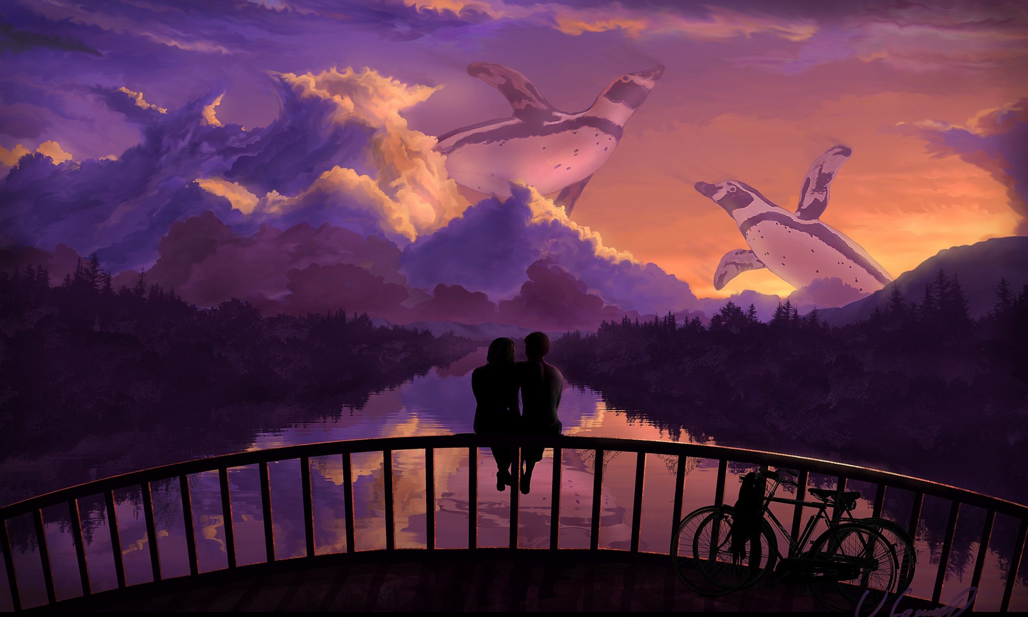 art love the pair romance bridge sunset bike river reflection tree sky penguin