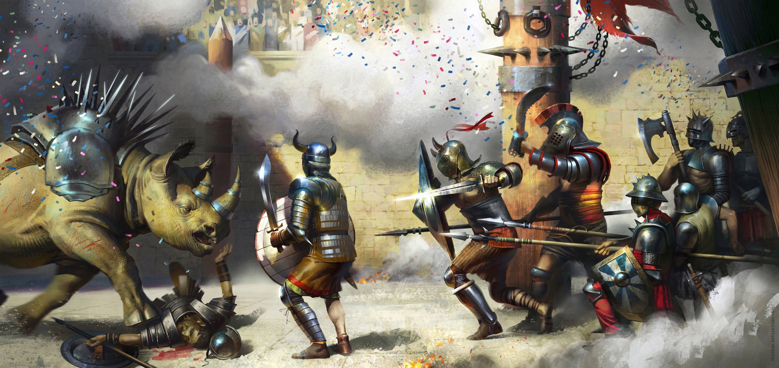 art rhinoceros vs. gladiators battle dinosaur gladiators weapon armor stadium shield sword post corpse