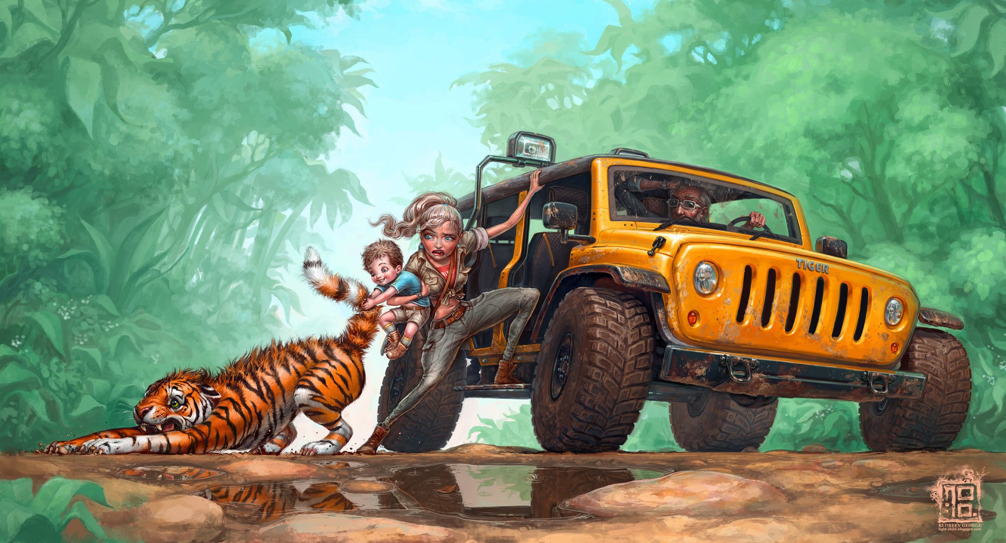 art redreevgeorge jeep family child tiger cub tirg pulls jungle puddles road