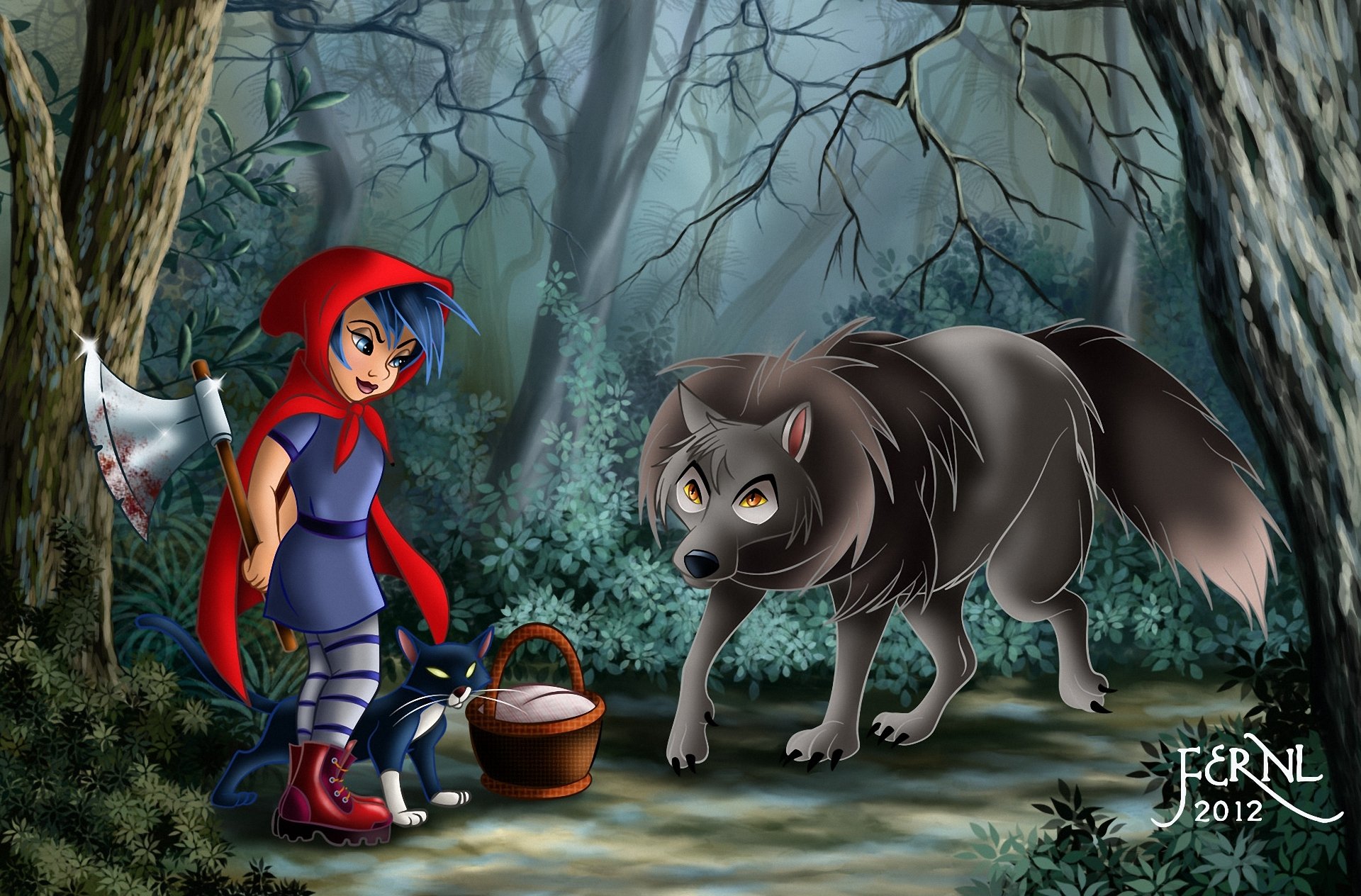 art little red riding hood forest girl wolf cat cat axe blood basket basket