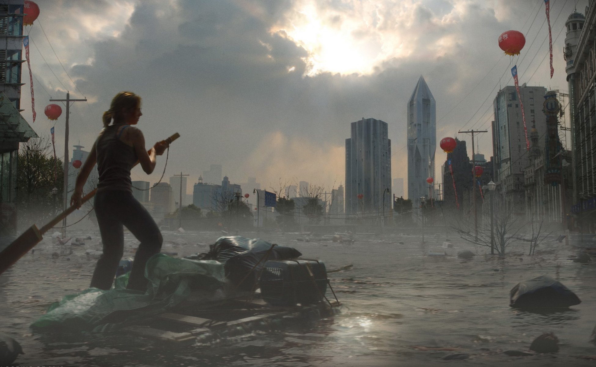 mondial le déluge la ville l eau la jeune fille le radeau les bâtiments le ciel