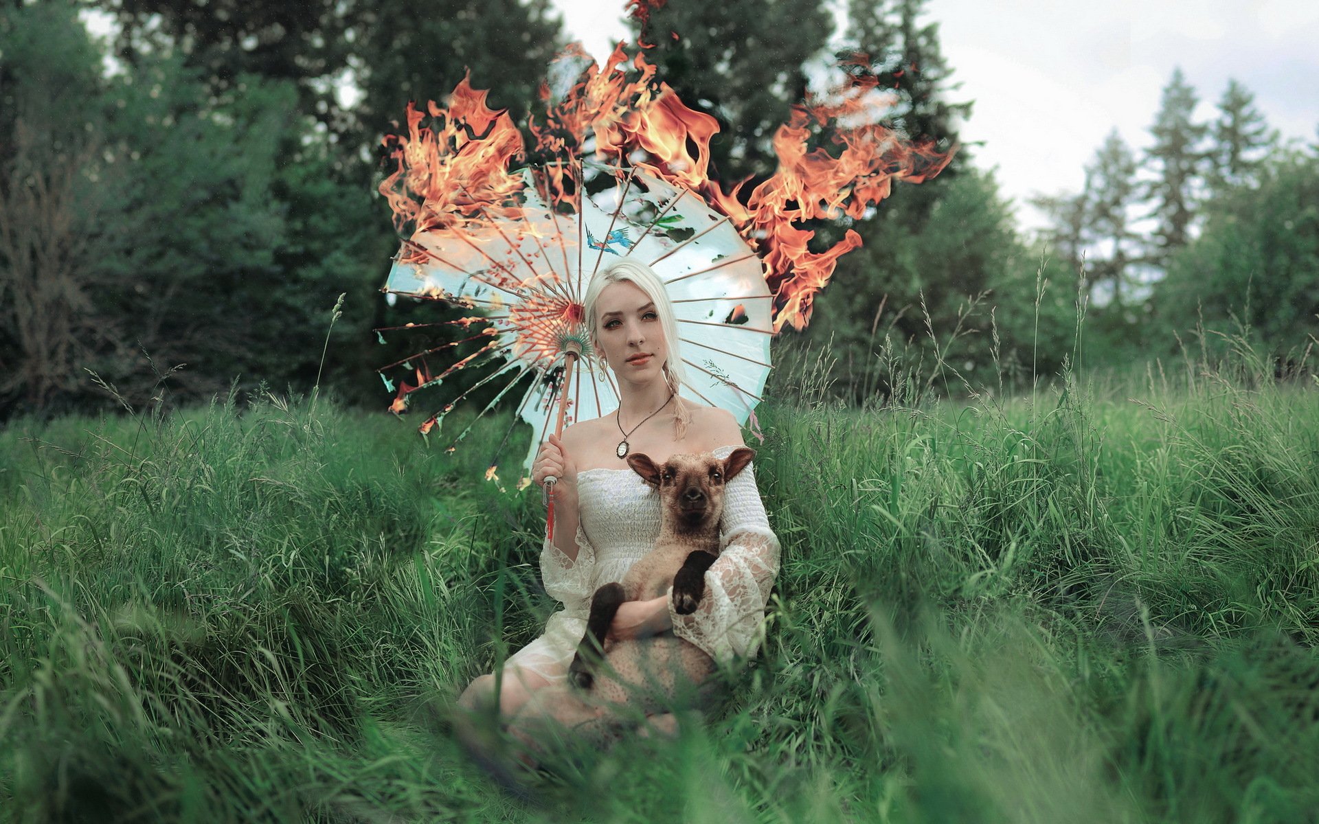 la jeune fille le parapluie le feu la situation