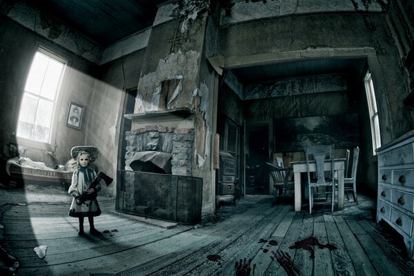 A doll with an axe in an abandoned house