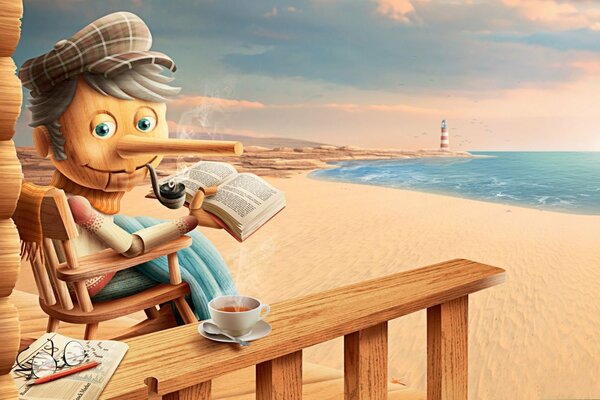 Pinocchio is drinking tea by the sea