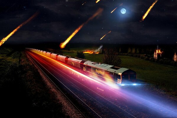 The train rushes against the background of falling meteorites