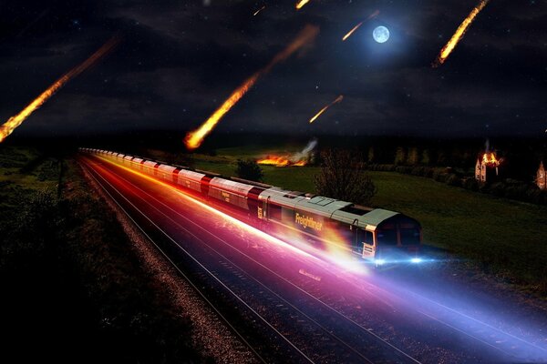 Treno che corre sullo sfondo della caduta di meteoriti